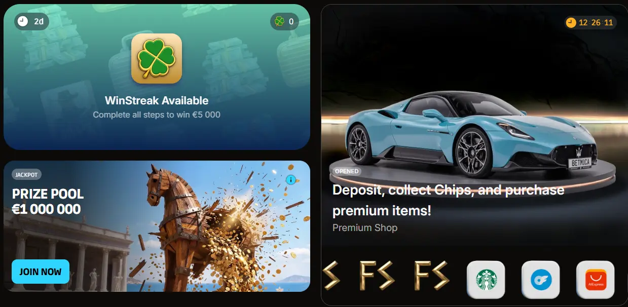 Betmica Casino promotions — template welcome package up to £5,700 + 270 free spins, tournaments and a VIP programme